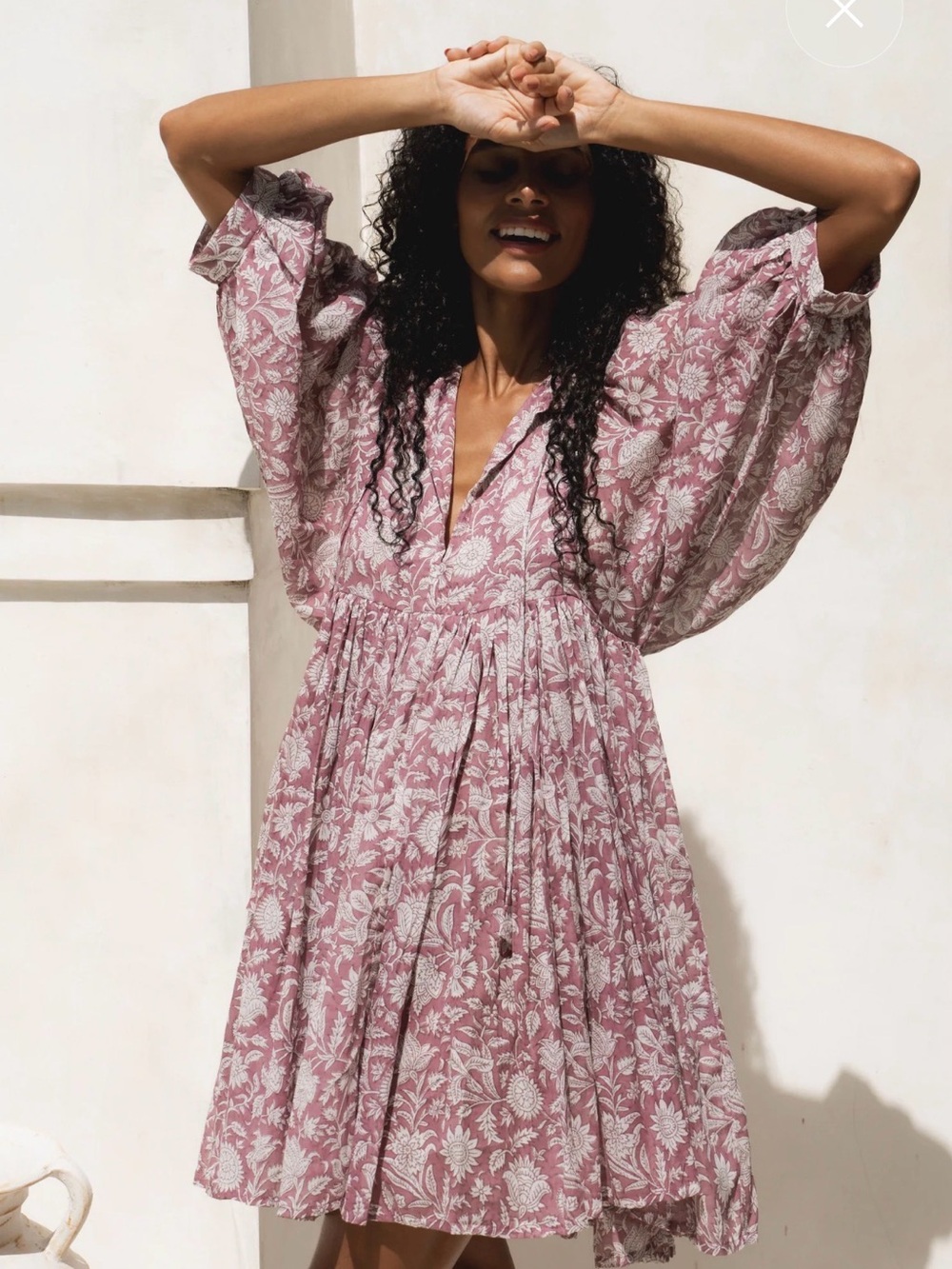 Daughters of India Floral Puff-Sleeve Mini Dress in Musk